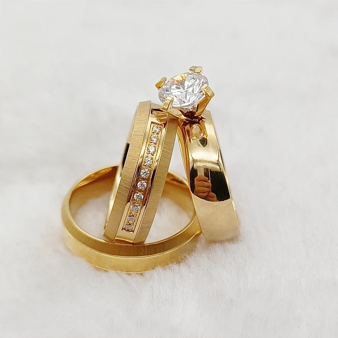 

Unique 3PCS Wedding Engagement Rings Sets for Couples Men and Women Lovers 24k Gold Plated Jewery Cz Diamond Ring