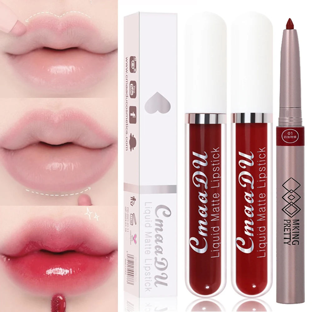 Matte Lipliner Pencil Lip Gloss Waterproof Mirror Pink Red Contour Tint Lipstick Lasting Non-stick Cup Korean Makeup Cosmetics