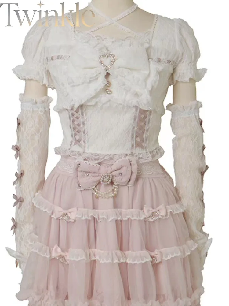 Lolita Shirt Sweet Cute Blouse Lace Bowknot Ribbon Spliced Sleeve Japanese Style  Women's  Elegant Victorian Top
