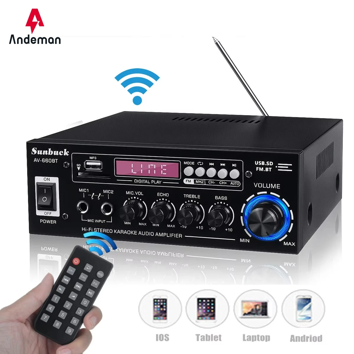 Image of Andeman Stereo-Leistungsverstärker 2-Kanal EQ Audio-Verstärker unterstützt AUX USB FM-Radio Mini-HiFi-Verstärker für Auto- und Heimlautsprechersysteme