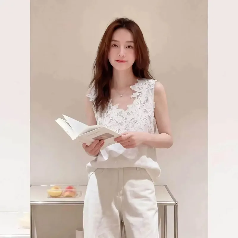 Women Clothes Summer Casual Korean Fashion Loose Lace Solid Color V-neck Female All-match Fashionable Short Sleeve Slim Tshirt