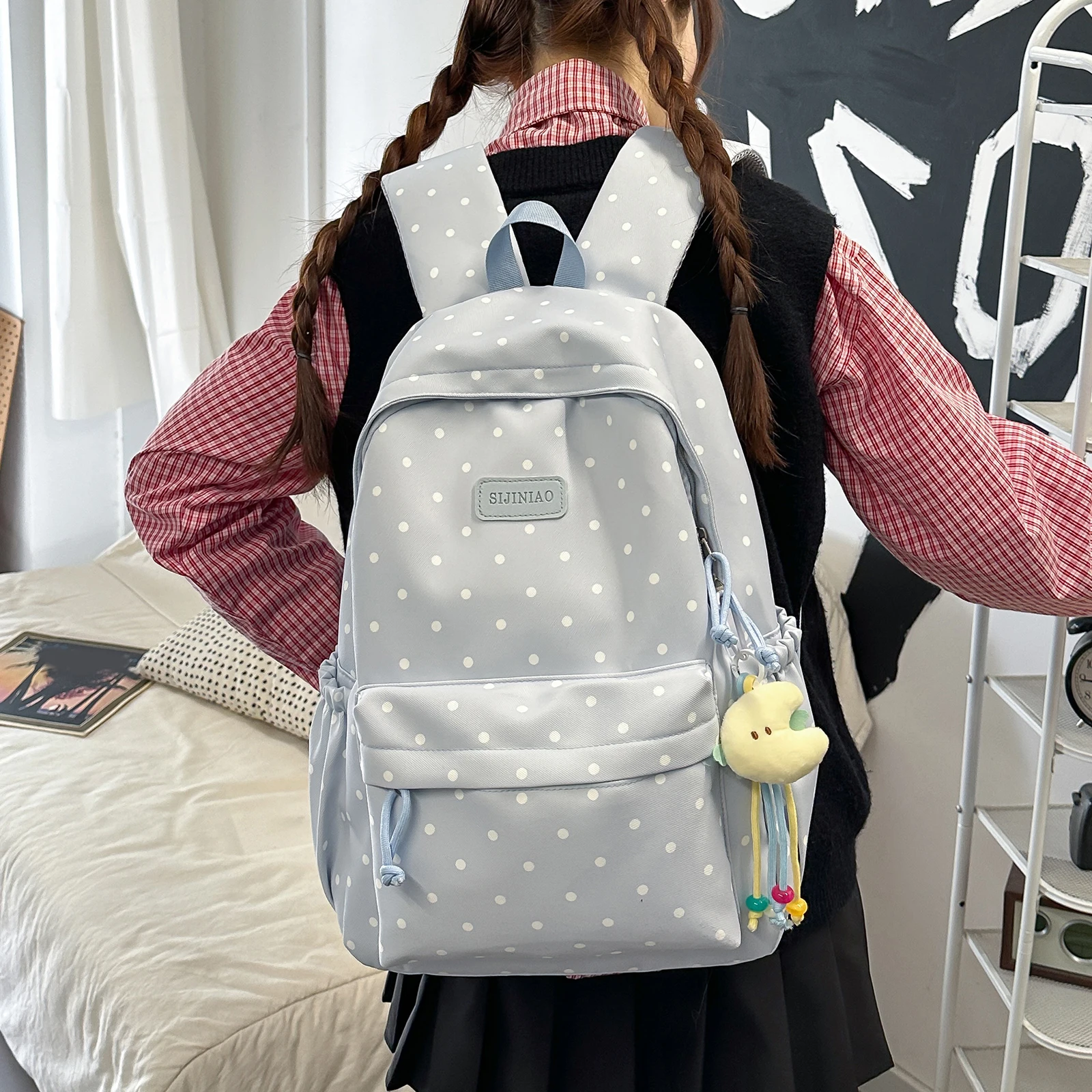 Cute Polka Dot Laptop Backpack with Pendent Travel Backpack Lightweight for Female Elementary & Middle