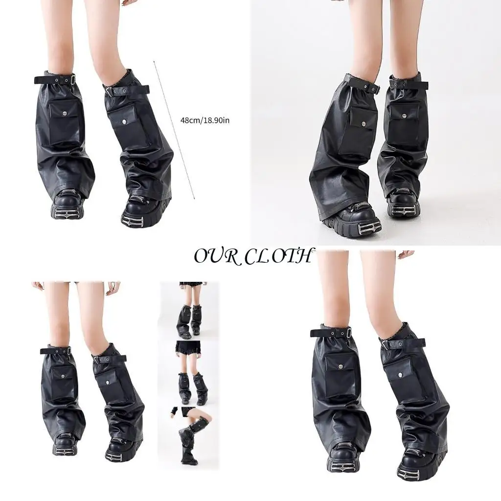 

Women Punk Black Leg Warmer Eyelets Strap Pocket Faux Leather Flared Leg Covers Y1AC