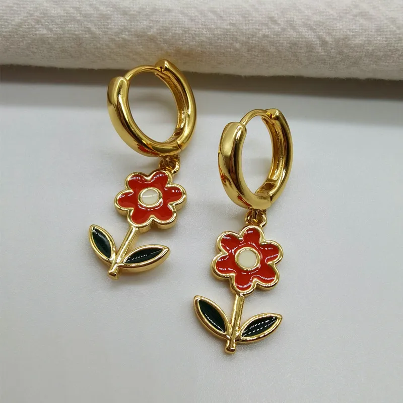 

Bohemia Cute Little Red Flower Sweet Plant Dangle Earrings for Women, Brass Ear Buckle Small Hoops Retro Chinese Style Huggie