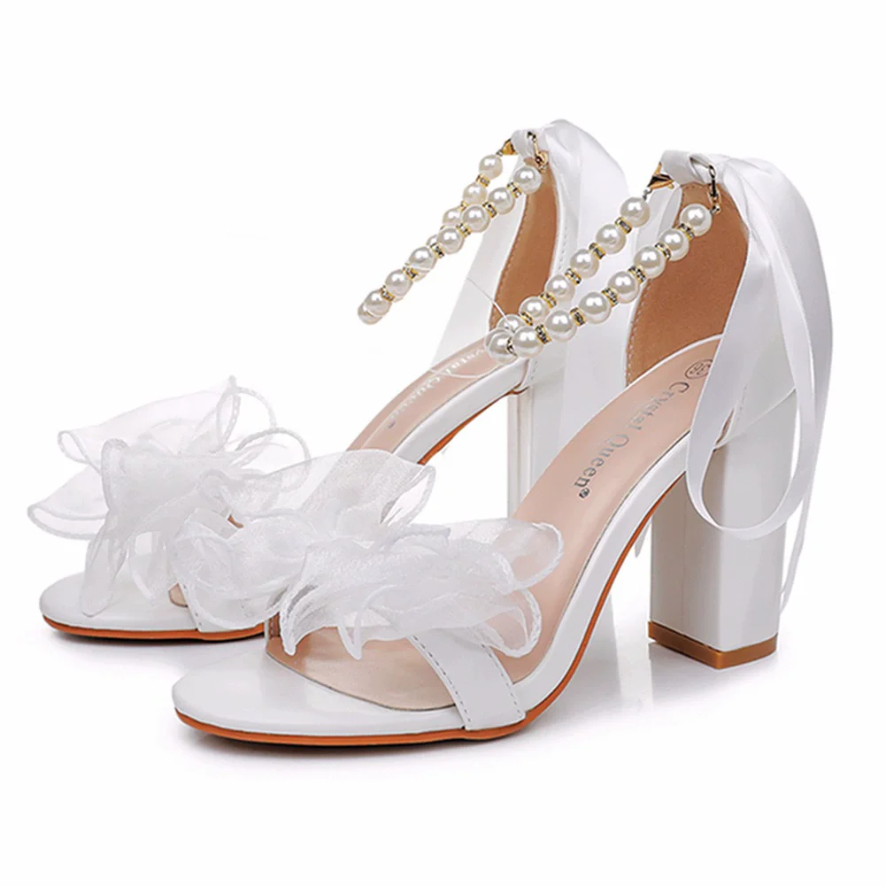 

Summer new white PU ribbon bow pearl chain square heel wedding shoes banquet large size thin high-heeled women's sandals