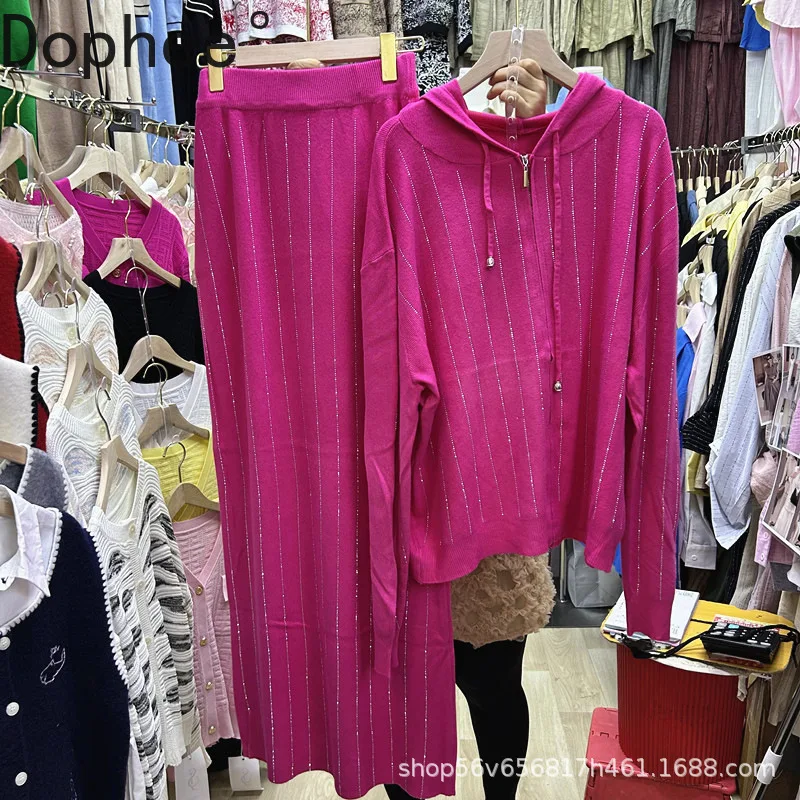 

2025 New Autumn Winter Women Knitted Sets Hot Drilling Long Sleeve Zip Hooded Cardigans Sweater Top + Elastic Waist Pencil Skirt