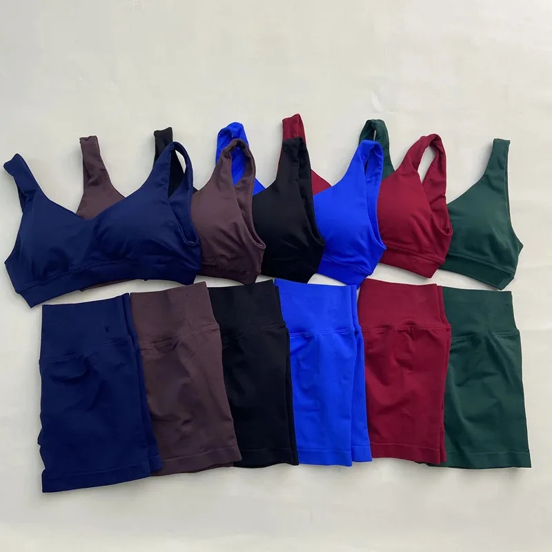 Conjunto curto de sutiã traseiro de impacto feminino ginásio yoga treino fitness ativo wear manga curta camiseta shorts conjuntos