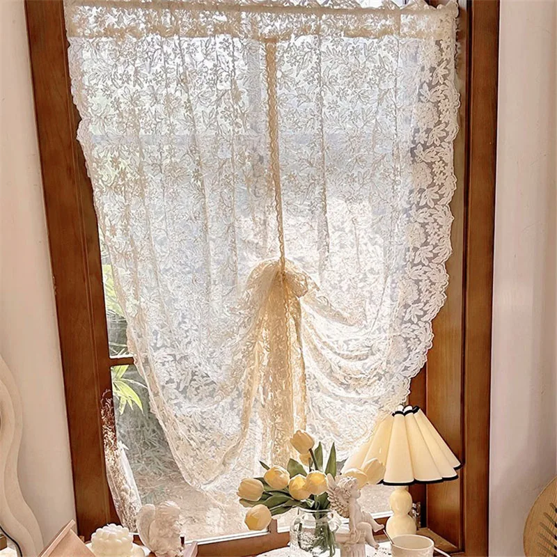 French Romantic Cream Beige Flower Embroidery Sheer Lace Roman  Curtain Tie-up Lifting Curtain For Kitchen Door Partition Decor