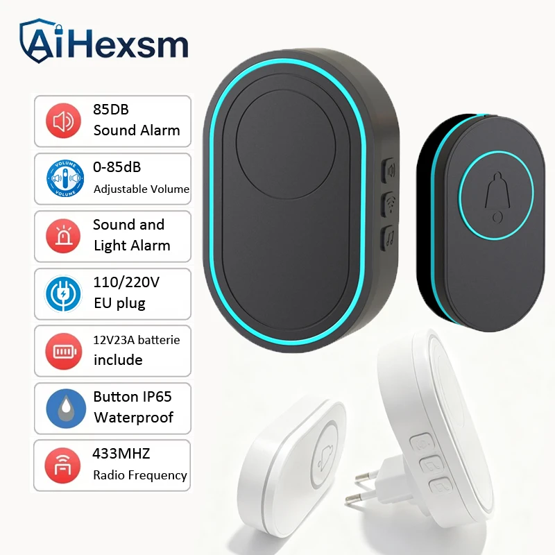EU Plug Wireless Doorbell IP65 Waterproof Smart Home Welcome Door Bell 100M Range 39 Songs Intelligent Home Chime Bell Kit