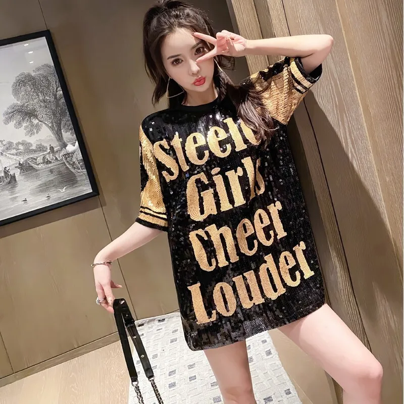 #0204 Summer Black Sequined T Shirt Women Letters Harajuku Long T-shirt Femme Short Sleeve Loose Round Neck Streetwear Hip Hop