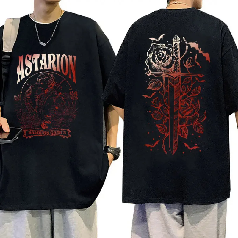 Vintage astarion baldurs gate graphic t shirt men's Cool cosplay clothing tops T-shirts unisex fashion oversized cotton T-shirt