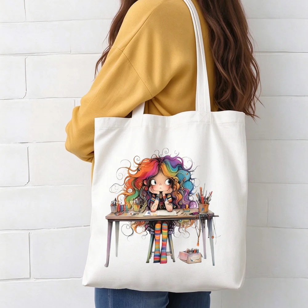 Artistic Cartoon Girl Canvas Bag Creative Painting Handbag Reusable Fabric Shoulder Bag School Student Unique Women's Bag