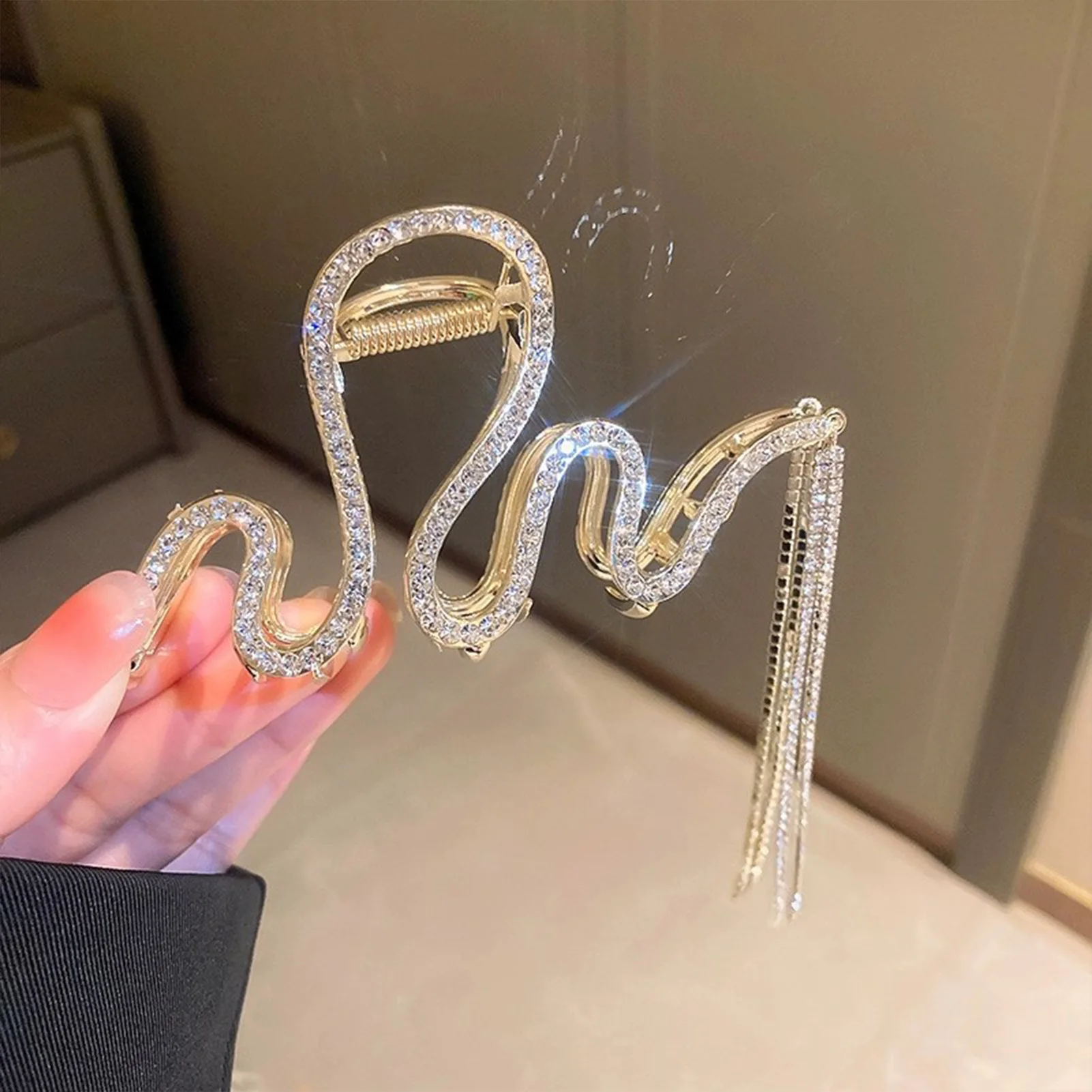 مشبك شعر على شكل ثعبان كبير على شكل قرش من حجر الراين للنساء والفتيات وإكسسوارات الشعر لحفلات الزفاف والحفلات الراقصة #2