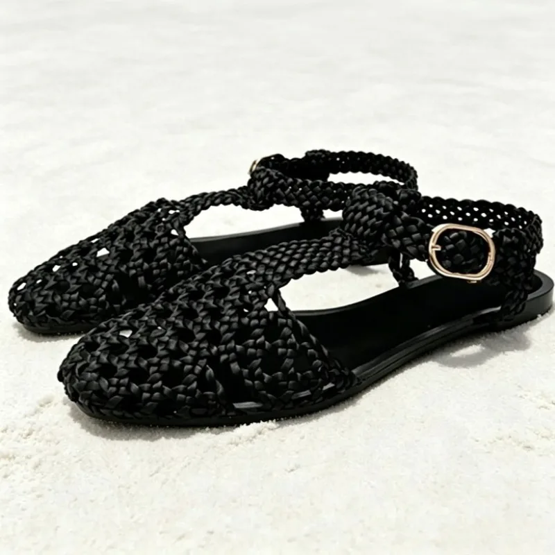 Unique T-tied Ankle-strap Flat Sandals Women Fashion Hollow Weaving Gladiator Sandal for Ladies Summer Comfort Beach Casual Shoe