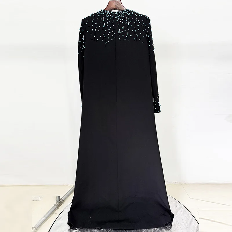 Sukienki damskie na wybieg, letnie, jesienne, z długim rękawem, zdobione koralikami, luksusowe, eleganckie, wieczorowe, jednolite, wysokiej jakości, długie sukienki maxi na studniówkę, imprezę, vestidos