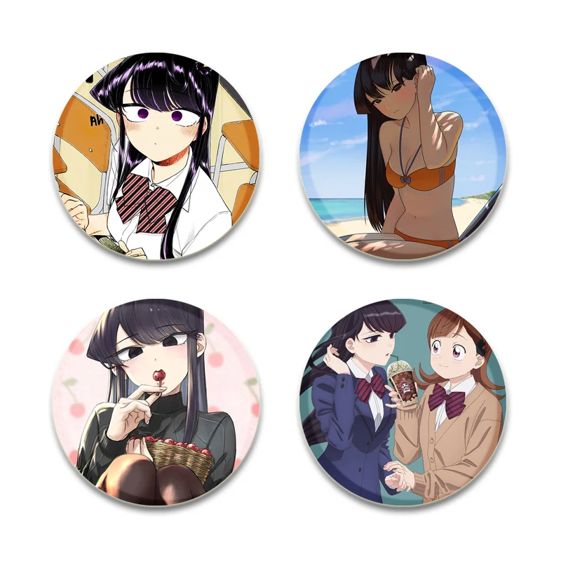 Komi Cant Communicate Round Pin Cute Girl Cartoon Snap-in Brooches for Backpack Cothes Accessories Anime Collection Badge