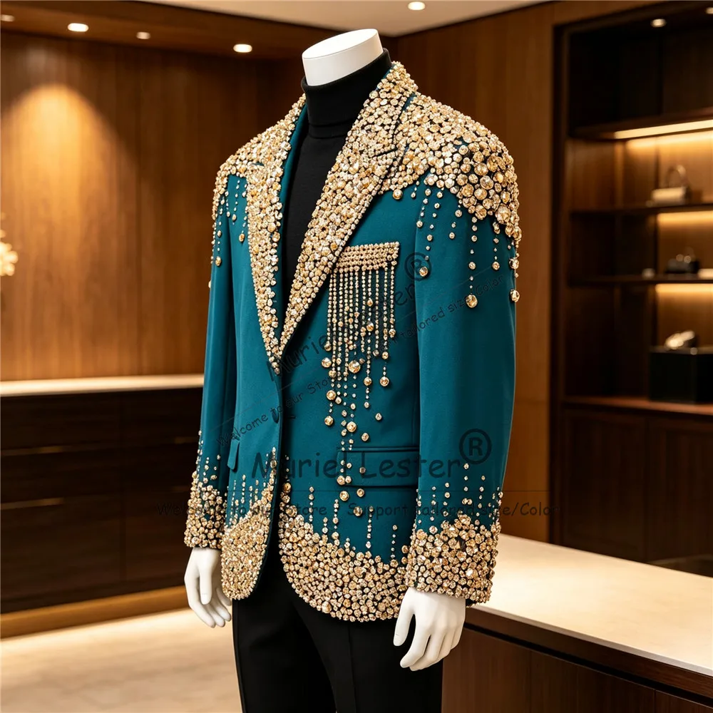 Customized Groom Tuxedo Suit Set For Wedding Gold Stones Beaded Prom Blazer With Black Trousers 2 Piece Sets Man Red Carpet Coat