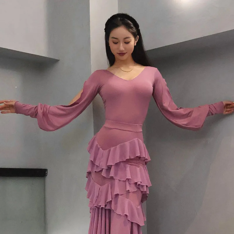새로운 볼룸 댄스 의상 핑크 슬릿 긴 소매 레오타드 연습 탑 왈츠 댄스 연습복 룸바 라틴 살사 탑 BL18291