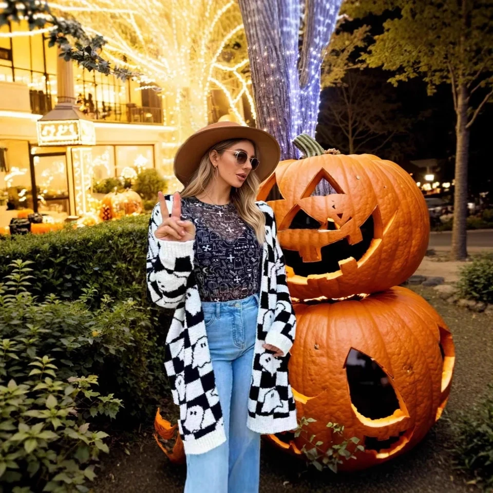 

Womens Halloween Themed Fashion Ghost Print Long-sleeved Cardigan Sweater Knitted Sweater Women Ropas De Mujeres Sueter Feminino
