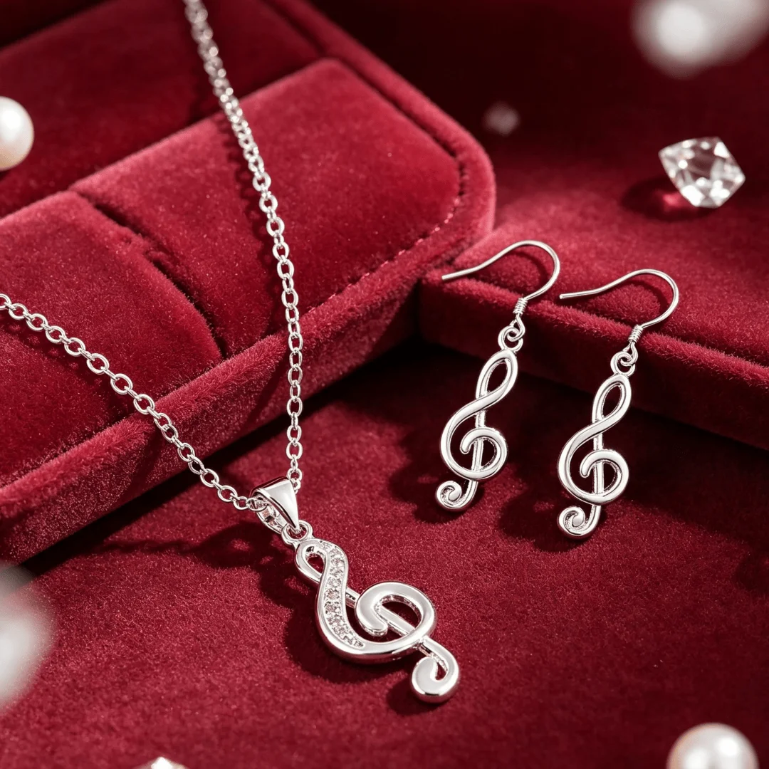 New Original 925 Sterling Silver Cute Musical note Necklace Earrings for Women Street Versatile Jewelry Sets Fashion Party Gifts