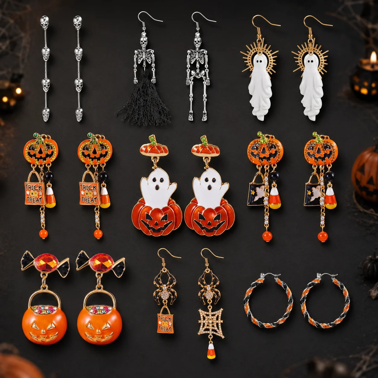 2023 heißer Verkauf Halloween Serie Ohrringe für Frauen Gothic Emaille Strass Kürbis Geist Skelett Ohrringe Partei Schmuck