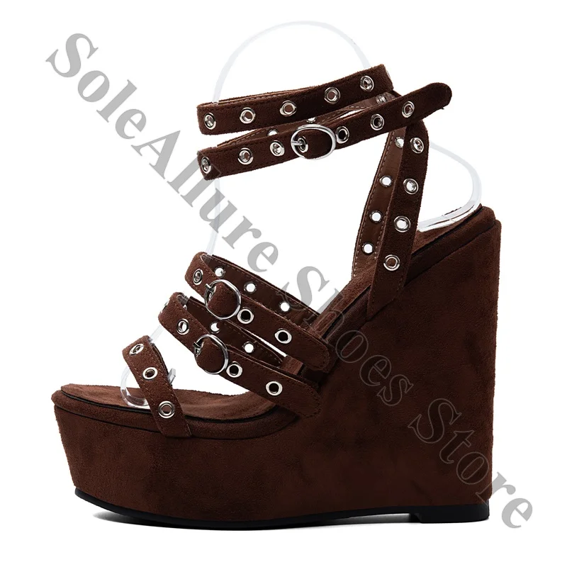 Dark Brown Suede Multi Eyelet Buckle Platform Wedge Sandals Four Layer Adjustable Front Strap Thick Elevated Wedge Shoes