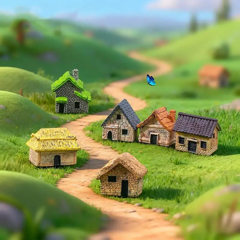 ~6Pcs Miniature Retro Village Thatched House Figurines, Mini Resin Cottage Ornaments For Miniature Garden, Minihouse