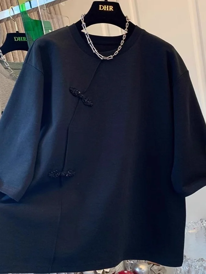 특대형 300포우 뉴 차이니즈 슬레 내셔널 트렌드 버튼 루즈 라운드 네 오트 스베 티셔츠 유니크 f 스베 썸머