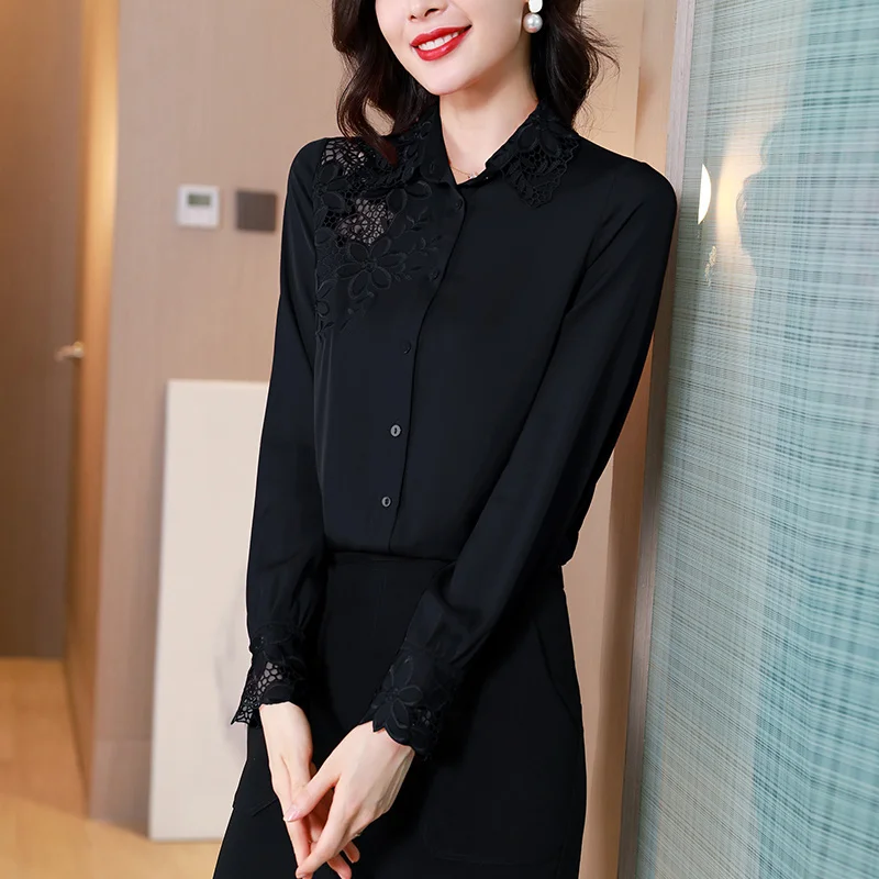 #2551 Black Blue Red Satin Shirt Women Embroidery Flower Hollow Out Office Shirt Long Sleeve Korean Style Vintage Shirt Female