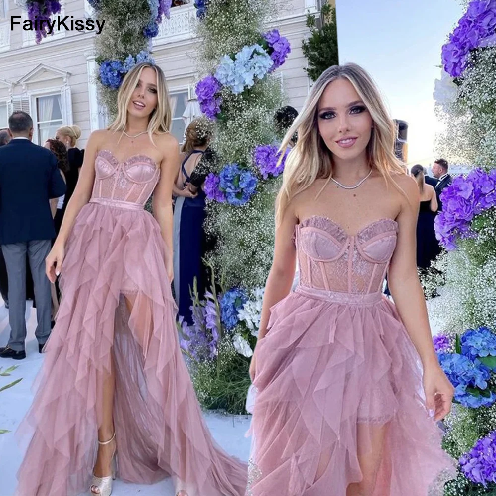 FairyKissy Sexy Strapless Edge Curl فساتين السهرة Glaring Dusty Pink Vestidos De Noche Lace On Chest Side High Split Prom Dress