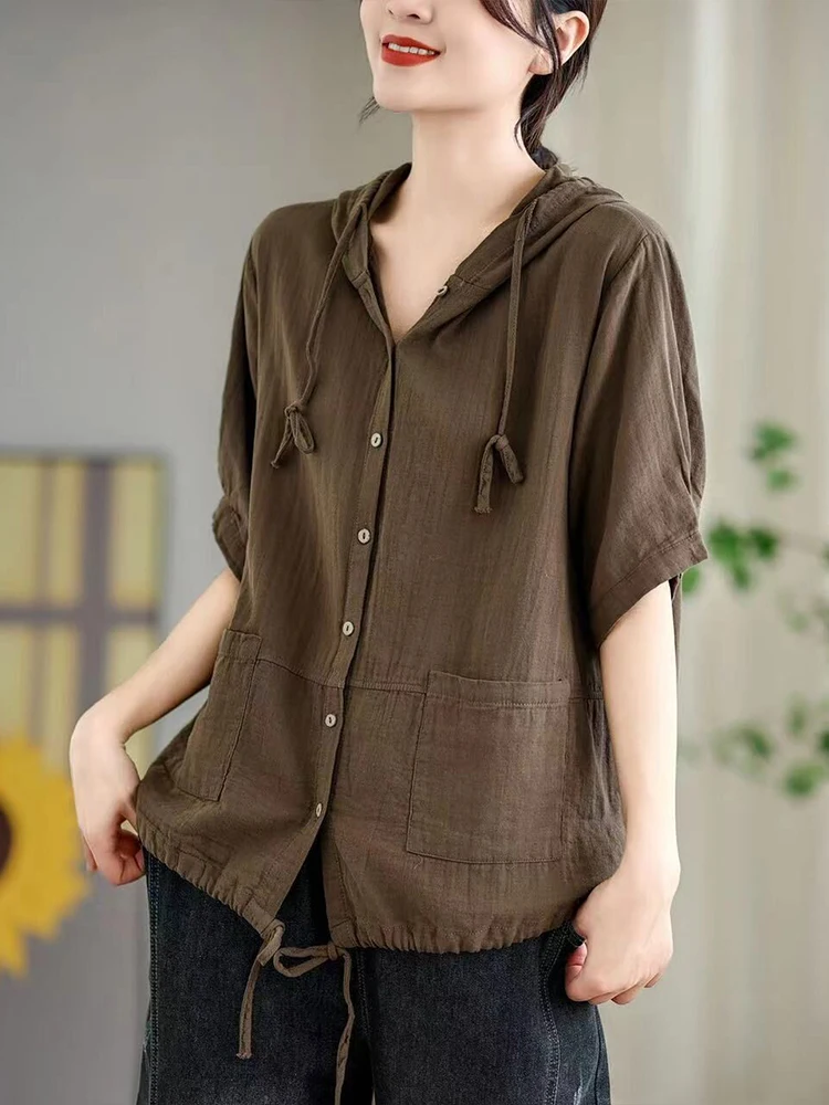 Max LuLu 2024 Summer Korean Ladies Casual Blouses Loose Linen Tops Womens Classic Hooded Shirts Vintage Solid Fashion Clothing