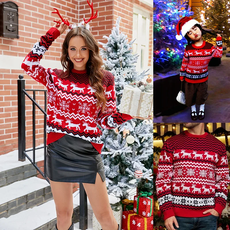 Family Christmas Sweater 2024 New Women Men Couples Matching Clothes Soft Warm Knitwear Jacquard Pullover Top Xmas Look Jumpers