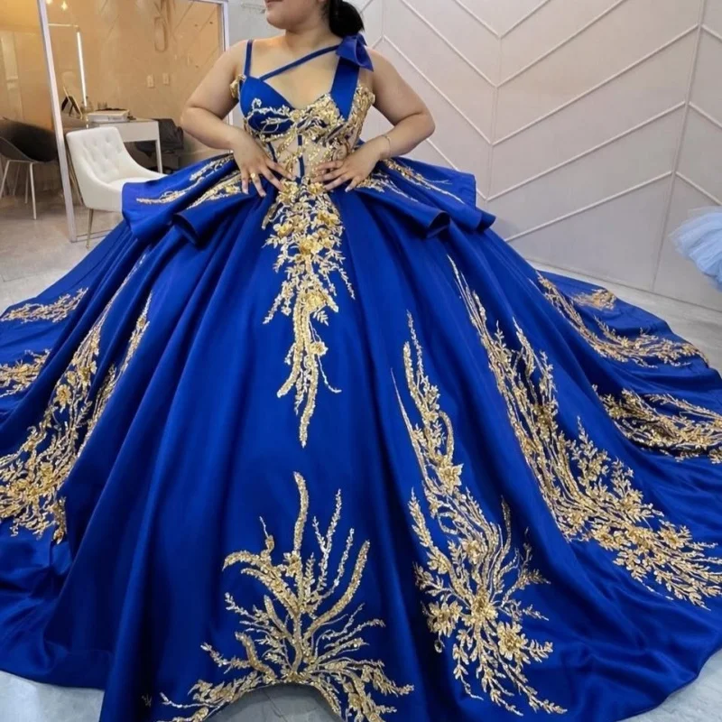 

Satin navy blue Quinceanera Dresses Off the Shoulder Golden Glitter Crystal Decal Long tail Vestido e 15 Quinceanera Customize