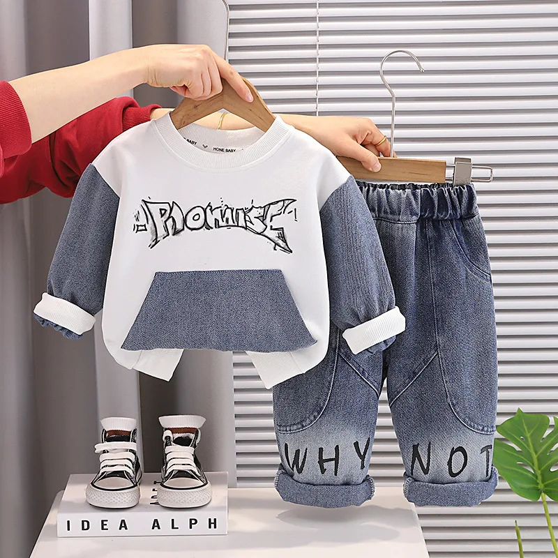 Toddler Boys Daily Outdoor Play Set 2PCS Patchwork Denim Spliced Long Sleeve Top & Letter Print Denim Pants Kids Casual Clothes