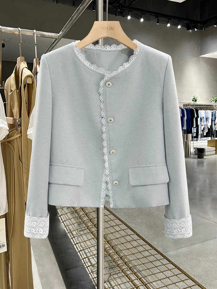 

Blue Lace Splicing Chic ort Outerwear Women's Sle Spring Faion 2025 New Autumn Trendy Top Button round Ne Long Sve