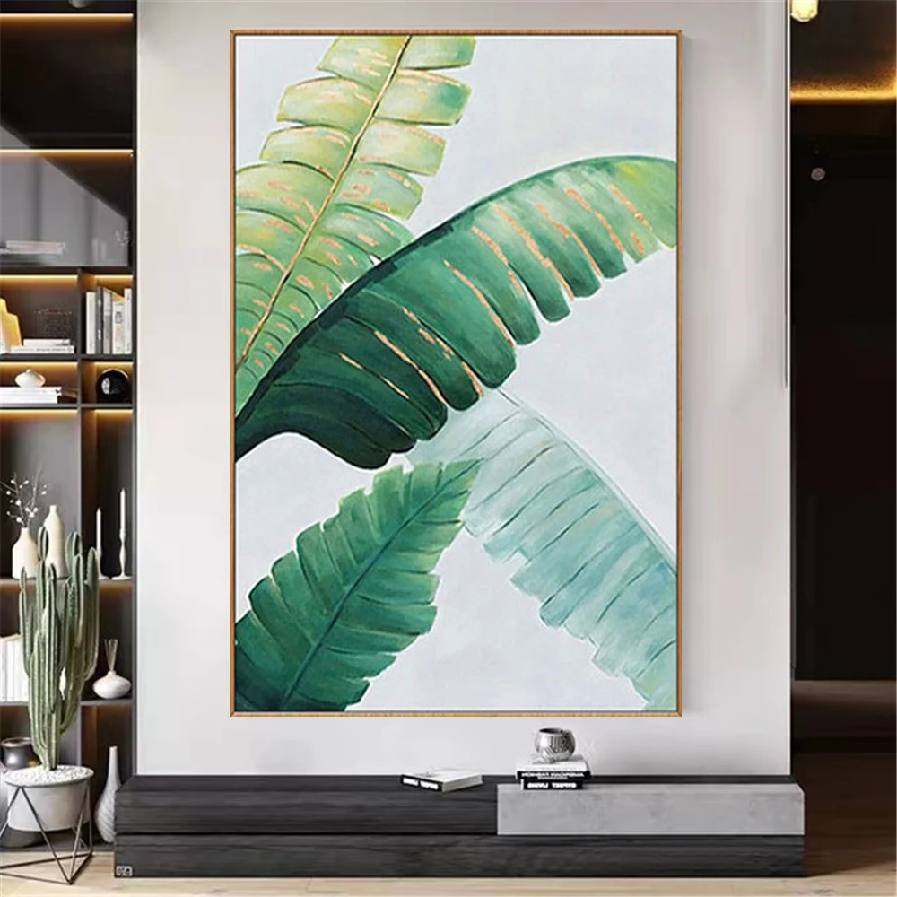 Nordic Decorative Wall Art Pictures Handmade Oil Painting Plant Banana Leaf Green Canvas Poster Decor Living Room Porch Mural