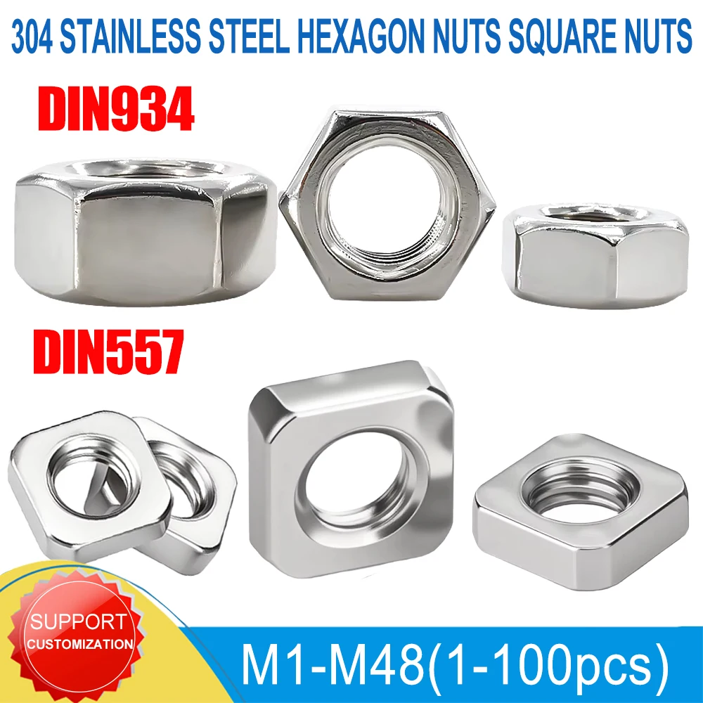 Stainless Steel Hex Nuts DIN934 304 SS Hexagon Nut Metric Threaded DIN562 THIN Metric Threaded Square Nut Foursquare Quadrate