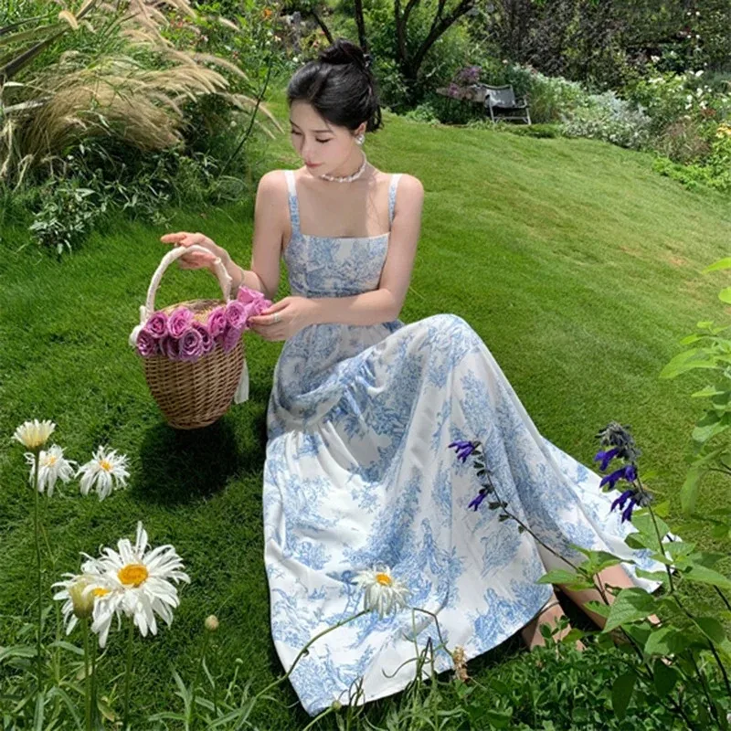 Neue Frauen chinesisch blau Blumen Slip Kleid Sommer Fliege elegante lässige Träger Kleid Urlaub Party lange Landebahn Vestidos