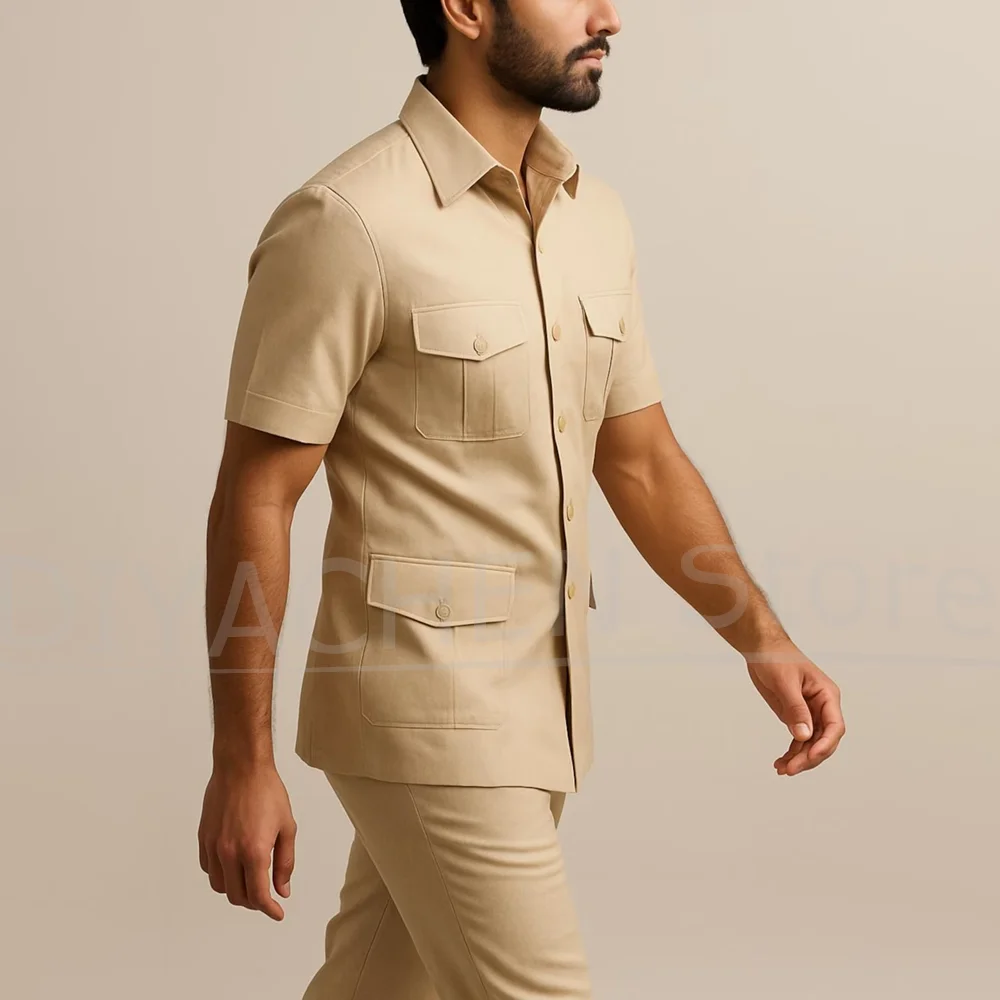 Men Short Sleeves Safari Suit Set 2 Piece Multi Pockets Blazer Pants for Casual Business Wedding Party Daily Wear Slim Fit view 4