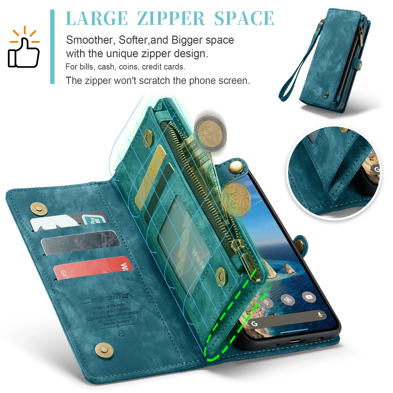 2 in 1 Cards Bag Zipper Wallet Leather Phone Case for Google Pixel 11 XL 10 Pro 9 9A for Magsafe Lanyard Shockproof Book Cover