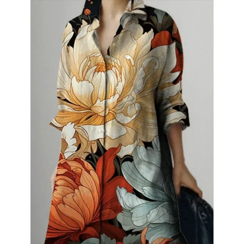 ربيع الخريف 2026 ربيع الخريف زهرة مطبوعة التلبيب فساتين ماكسي المرأة طويلة الأكمام فضفاضة امرأة واحدة الصدر قميص فستان #2