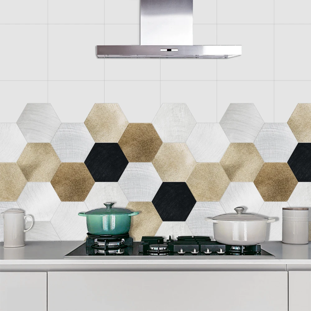 Gold Black White Marble Hexagon Tiles Floor Wall Stickers Kitchen Bathroom Home Decor Peel & Stick Twill Surface Art Wall Decals