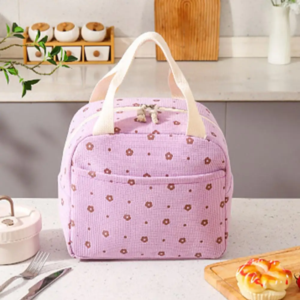 Cute Corduroy Lunch Bag Thermal Insulation Pouch Soft Cooler Tote Handbag Multifunctional School Picnic Food Storage Bag