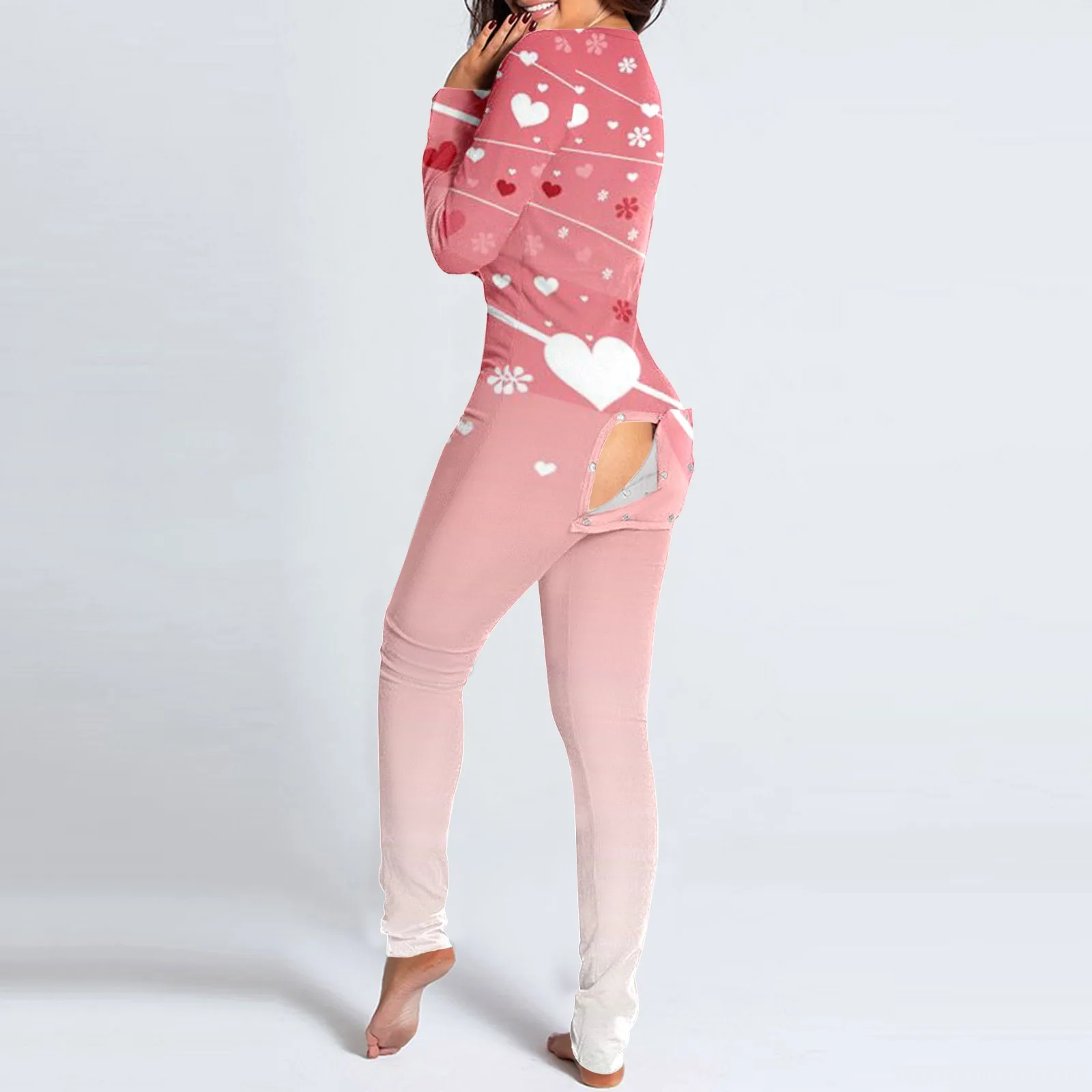 

Women Valentine's Day Jumpsuit Pajama Functional Buttoned Flap Heart Print One Piece Pajamas V Neck Sleepwear Bodycon Onesies