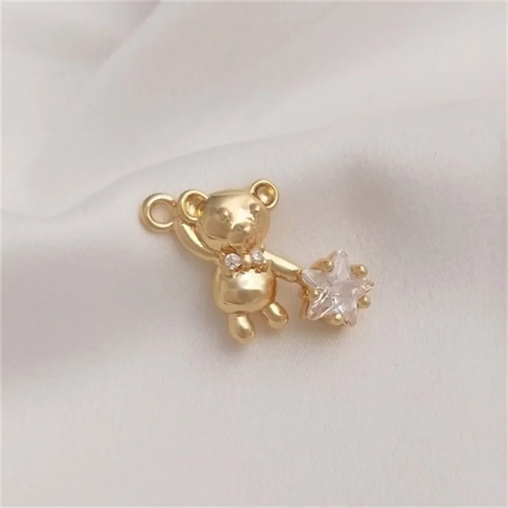 

Inlaid with Pentagram Star Zircon Stone 14K Gold Filled Cute Bear Picking Star Pendant DIY Necklace Bracelet Charm Pendant K317