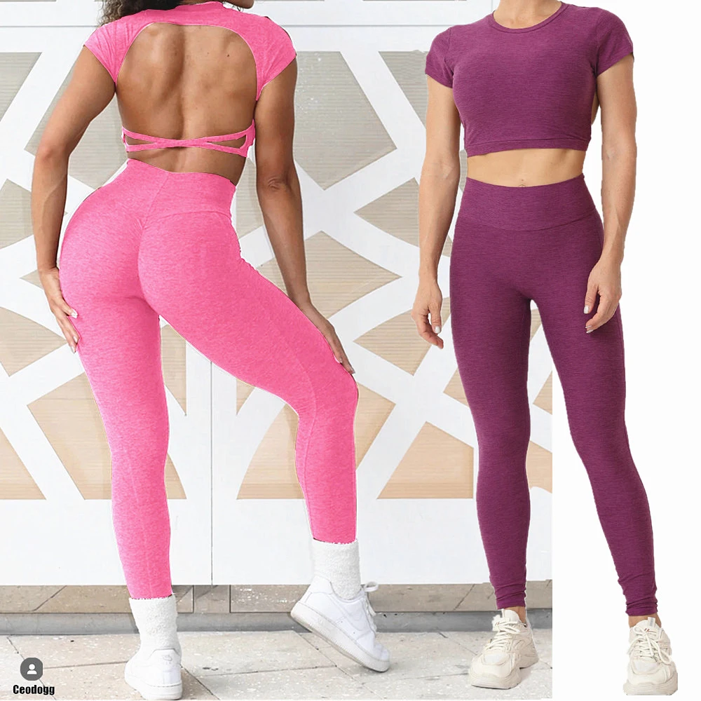 2024 1/2PCS Pad Short Sleeve Crop Tops Shirt Yoga Set Workout Gym Fitness Scrunch High Waist Squat Proof Leggings Sports Suits