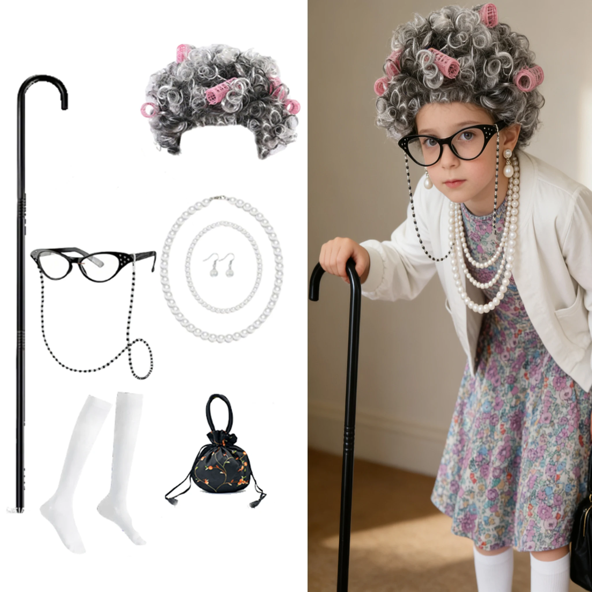 summer girls Girl Floral Old Lady Costume for Girls 100th Day of School Costume Grandma Granny Dress with Wig for Kids