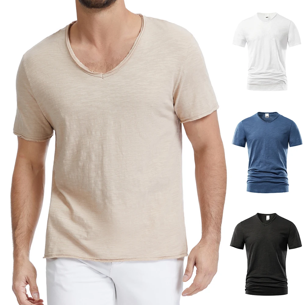 Trendiges Herren-T-Shirt mit zerrissenem Design, V-Ausschnitt, schmale Passform, bequeme Baumwoll-Tops, stilvolle, einfarbige, lässige Kurzarm-T-Shirts