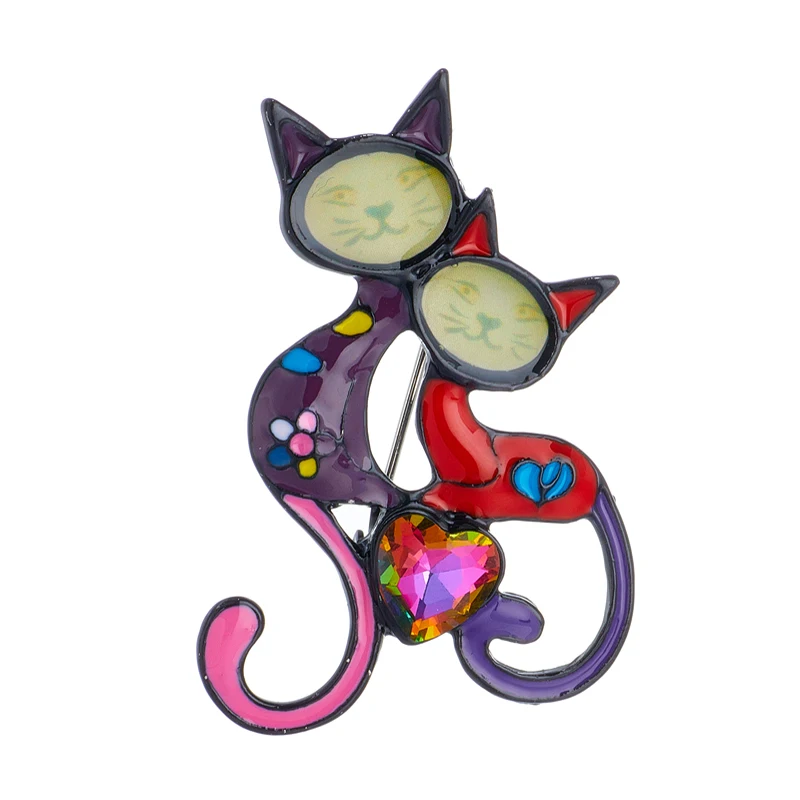 YAOLOGE Two Enamel Cat Heart Zircon Brooches For Women Kids 3-color Animal Pet Party Casual Office Brooch Pins Accessories Gifts