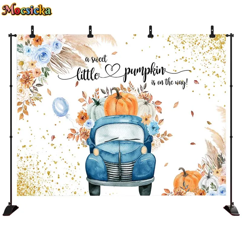 Autumn Background Blue Truck Photography Backdrop for Baby Shower Pink Floral A Sweet Little Pumpkin is On The Way Photocall